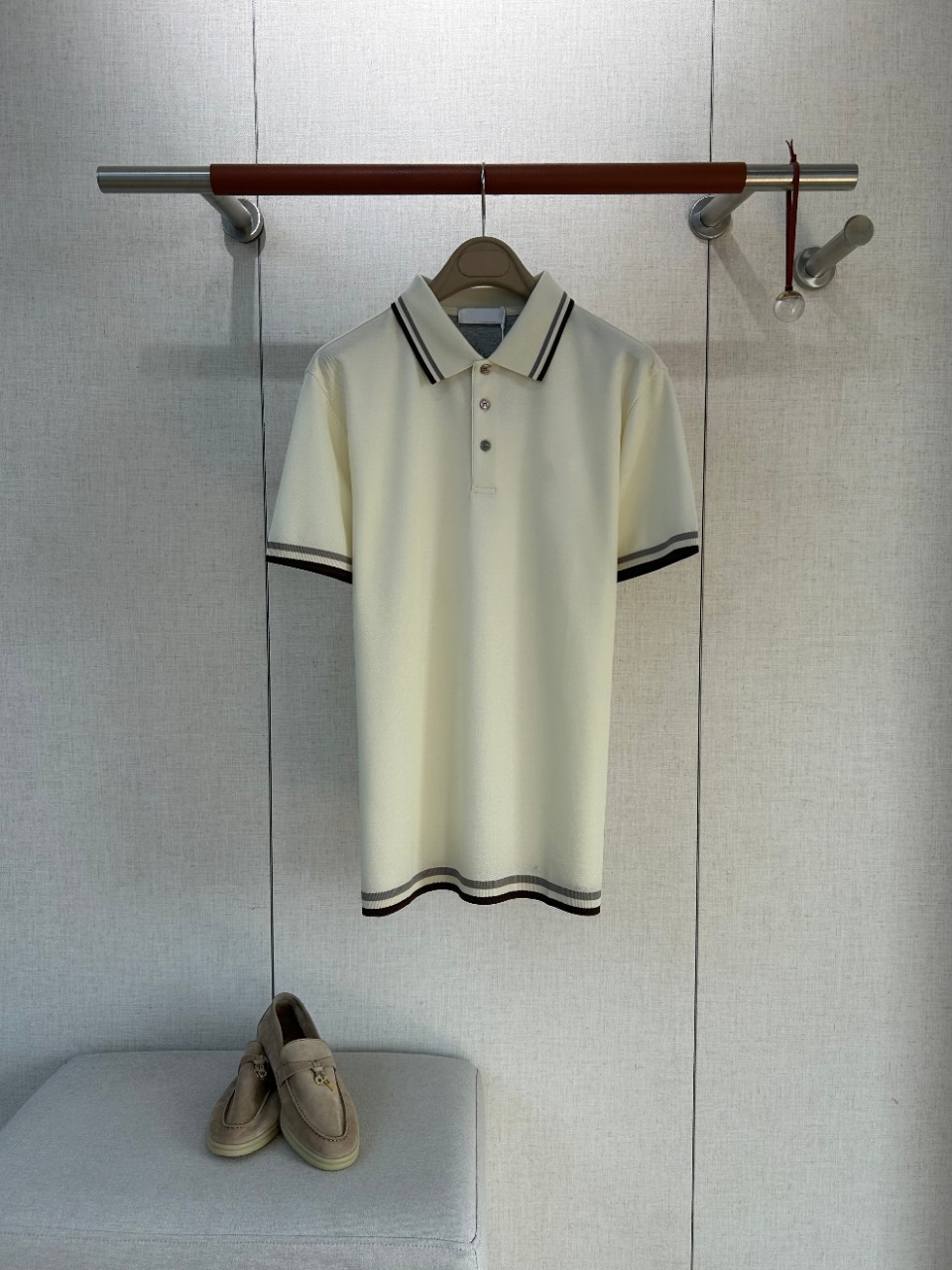 Polo Shirt Pique - Oud-geld stijl heren bruin grijs geweven