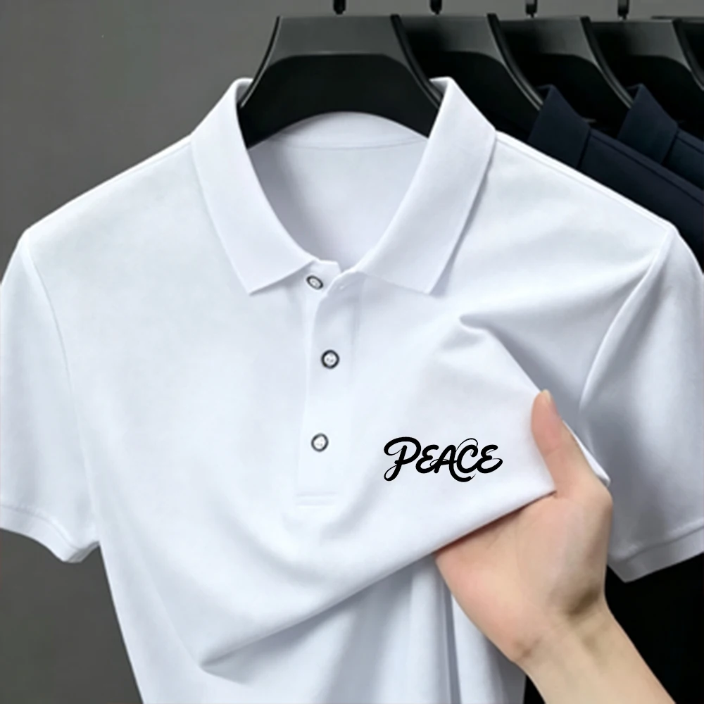 Polo Shirt Pique - Heren poloshirt met revers, PEACE-cursief letterprint,